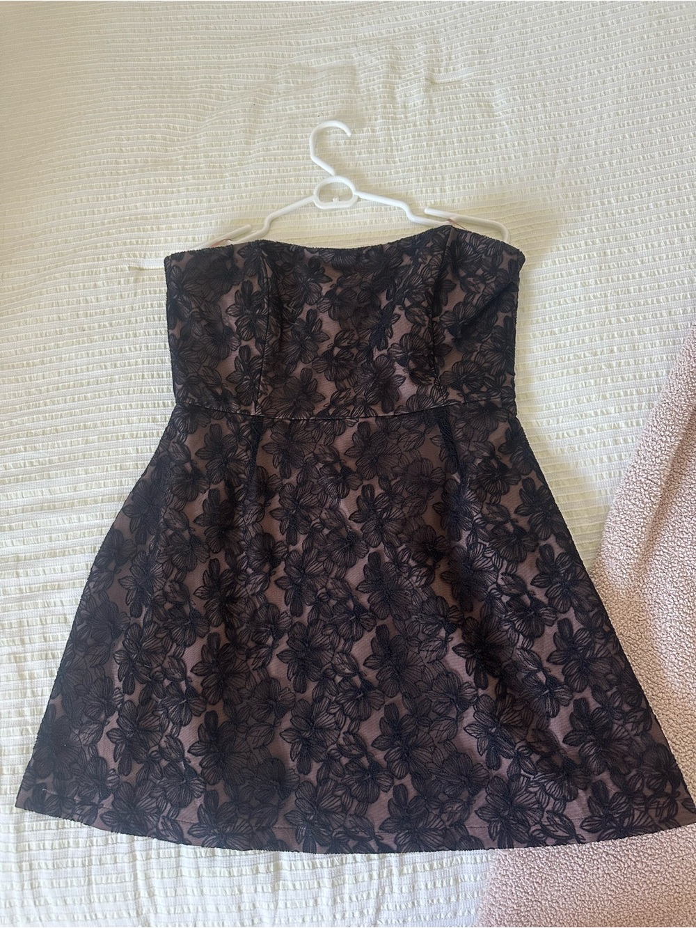 REVOLVE Strapless Black Lace Overlay Nude-Underlay A-Line Dress